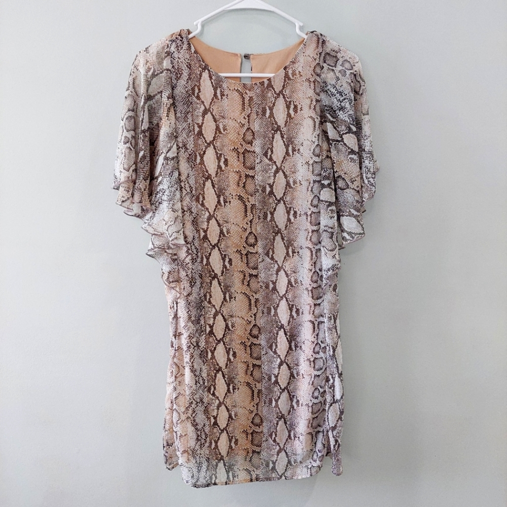 MTS dress Small snakeskin chiffon flowly lightweight mini tan brown